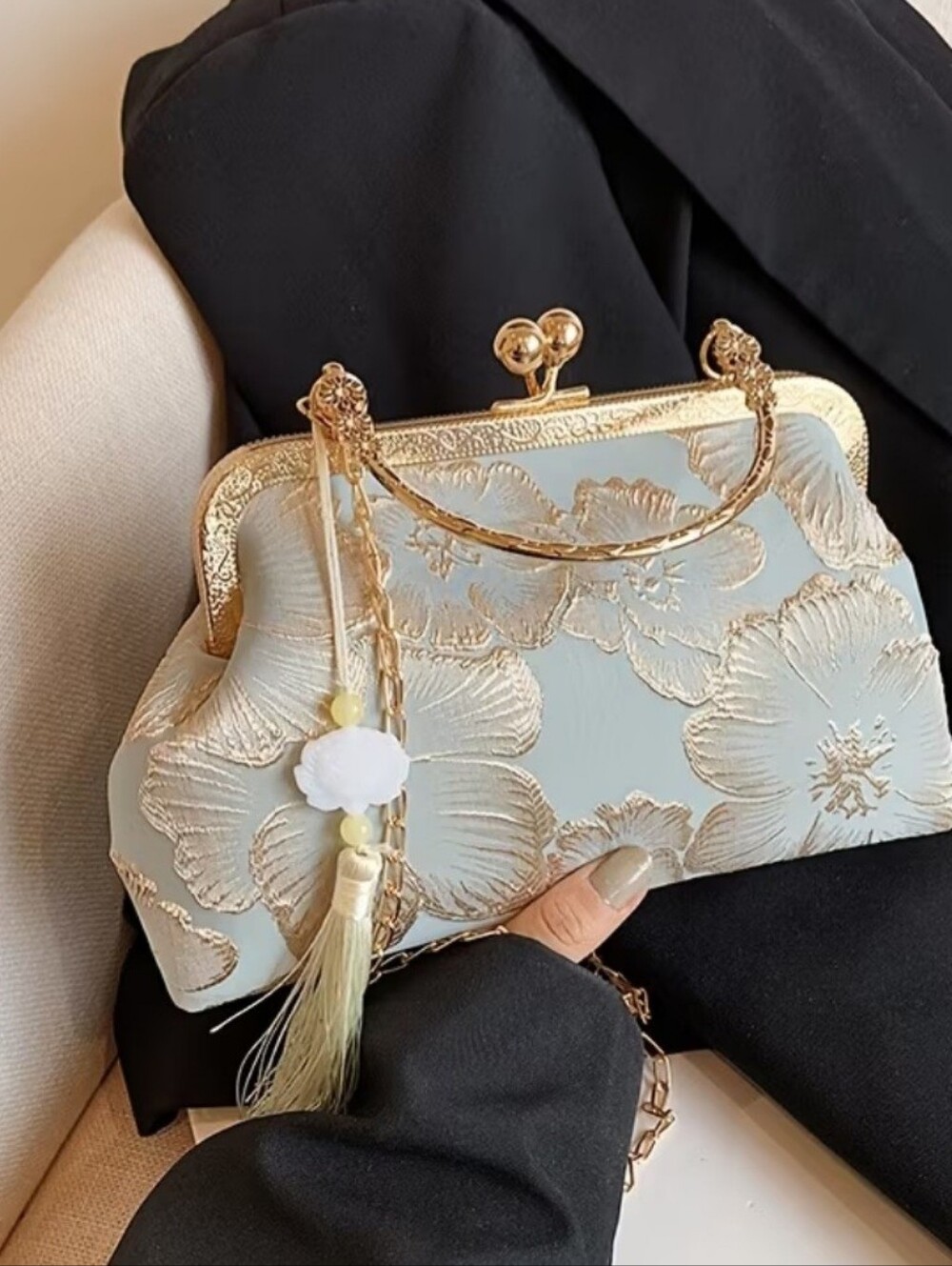 Gold-Trim Blue Floral Evening Clutch with Tassel - Picture 2 of 4